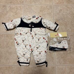 Vintage Bunnykins Baby 0-3 Months Bunny White Blue Romper Hat Set Outfit NWT